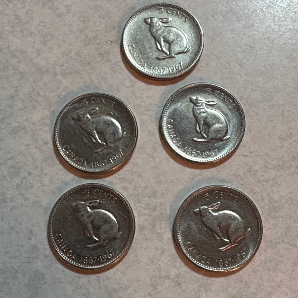 1967 Canadian 5 Cent Coins with Rabbit Design